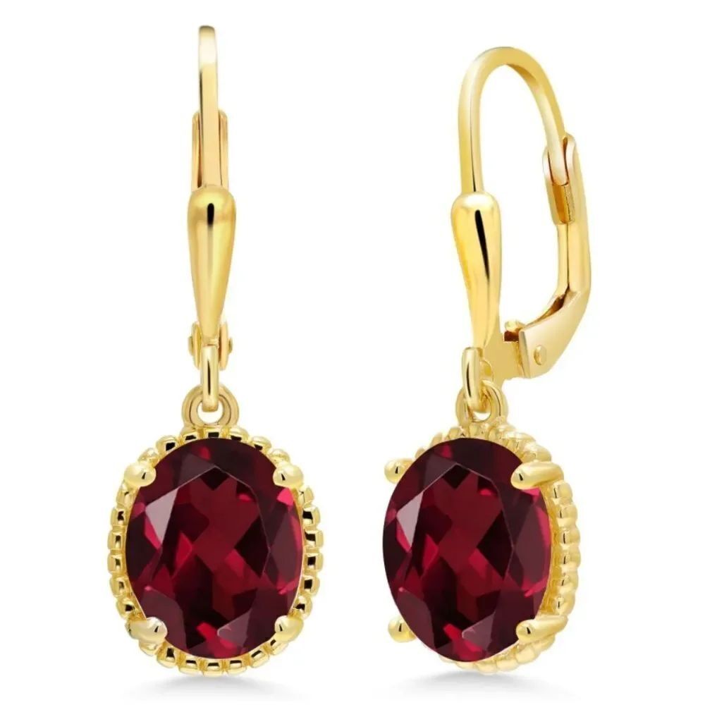 18K Yellow Gold 925 with 4.00 Cttw Rhodolite Garnet Oval Leverback Hook Earrings